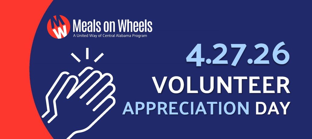 Meals on Wheels Volunteer Appreciation Day graphic with date April 27, 2026, featuring clapping hands icon and United Way of Central Alabama branding